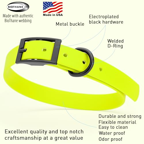 Biothane Waterproof Dog Collar Strong Coated Nylon Webbing with Black Hardware Odor (W3/4" x L15-18" / Safety Yellow)