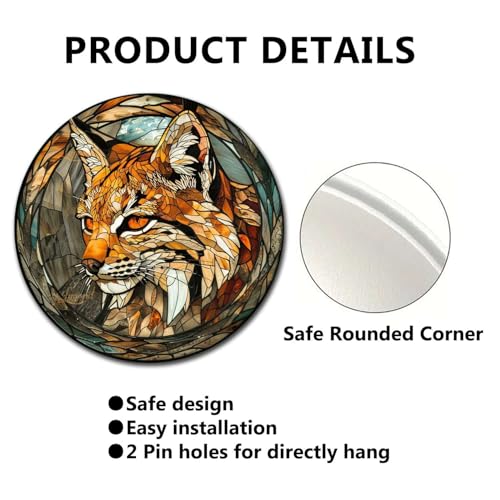 Metal Sign Tin Sign Circular Stained Glass Bobcat Funny Outdoor Decor for Club 8×8 Inches (8×8 Inches / Bobcat-2)