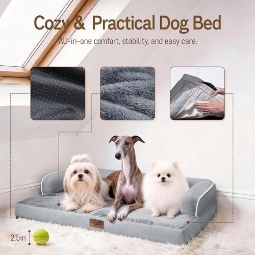 Washable Dog Bed with Bolster for Medium to Large Dogs (Grey / 36"L x 27"W x 7.5"Th)