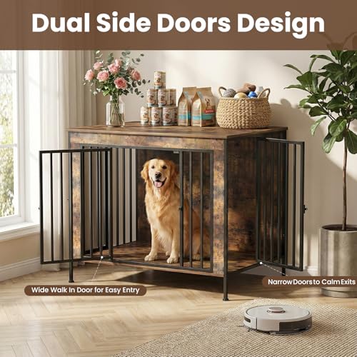 Dog Crate Furniture 40" Sturdy Heavy Duty Dog Kennel Solid Metal Tube Thick Wooden with 2 Lockable Doors Single Dog Cage Large Breed as TV Stand End Table for Large Dog Rustic Brown (40.0"L x 27.5"W x 33.0"H)