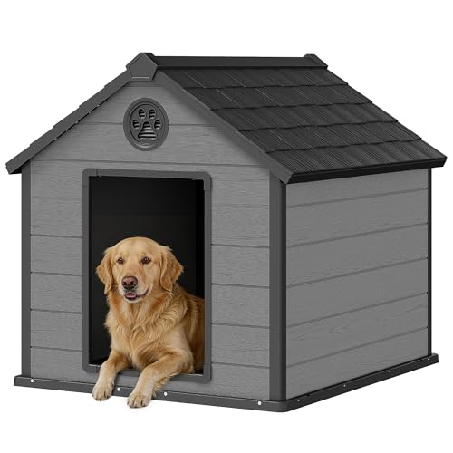 Extra Large Giant Dog House Outdoor Indoor for Large Dogs Durable Plastic Waterproof Doghouse with Air Vents and Elevated Floor Easy Clean and Assemble (Black / 42"D x 44.5"W x 42"H)