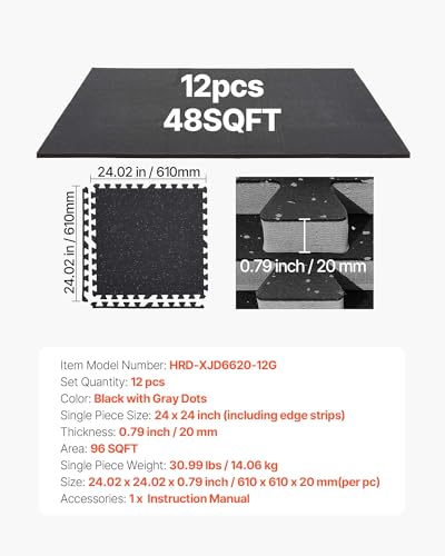 0.79Inch 48sq.ft 12 Tiles Gym Flooring for Home Gym (Black & Grey / 24"L x 24"W x 0.8"Th)