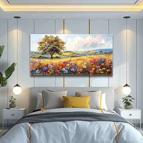 Canvas Wall Art For Living Room Wall Decor For Bedroom Office Decorations Field Pictures Artwork Flower Scenery Watercolour Wall Paintings Aesthetic Room Home Decor Ready to Hang (40"L x 20"W / Field Landscape)