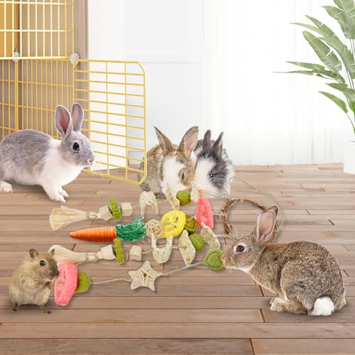 Rabbit Chew Toys Bunny Cage Hanging Toy and Treats Rattan Ring with Snacks for Rodent Pets Teeth Healthy (1 count)