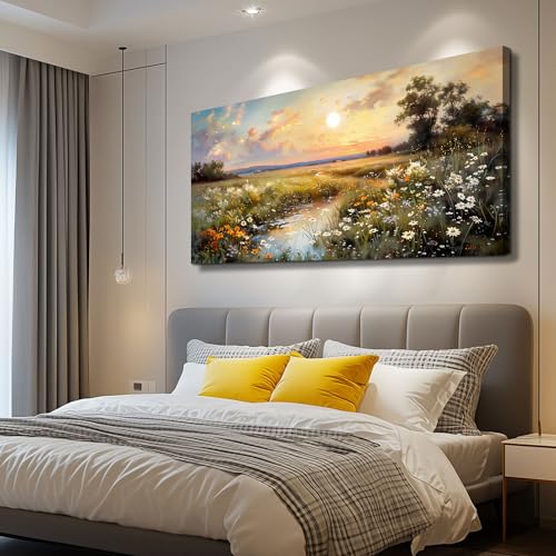 Canvas Wall Art For Living Room Wall Decor For Bedroom Office Decorations Vintage Farmhouse Wildflower Wall Paintings Nature Landscape Picture Artwork Aesthetic Home Decor Ready To Hang (40"L x 20"W / Rural Scenery)
