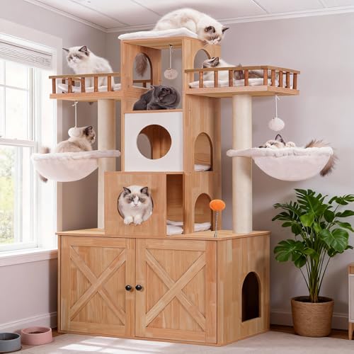 Cat Tree with Litter Box Enclosure for Indoor Big Cat HCT110WB (Walnut / 60 inch)