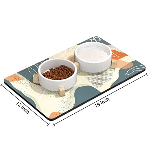 Dog Food Mat 12" x 19" Boho Absorbent Dog Cat Bowl Mat for Food and Water (Boho Abstract Leaves / 12"L x 19"W)