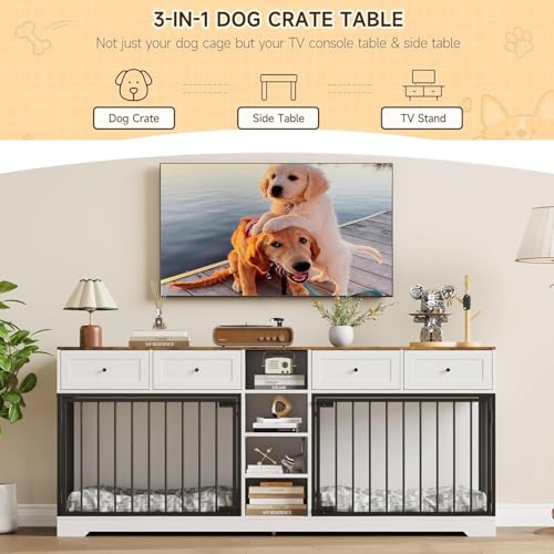 82" Double Dog Crate Furniture with Drawers and Shelves (White / 81.9"L x 23.6"W x 33.5"H)