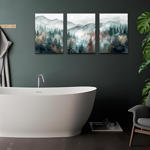 Farmhouse Wall Art For Bedroom Wall Decor For Living Room Wall Pictures for Office Fog Forest Mountain Landscape Watercolour Painting Artwork Modern Home Decorations Ready To Hang 3 Piece (12x16inches*3pcs / Foggy Forest Trees Landscape Pictures)