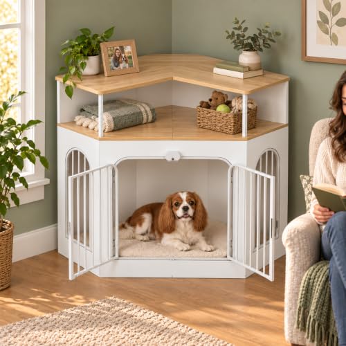 46" Corner Dog Crate Furniture with Storage Shelf (White / 45.8"L x 23.7"W x 41.3"H)