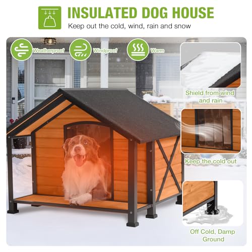 Large Outdoor Dog House Weatherproof Winter Shelter with Chew (40.6"L Brown)