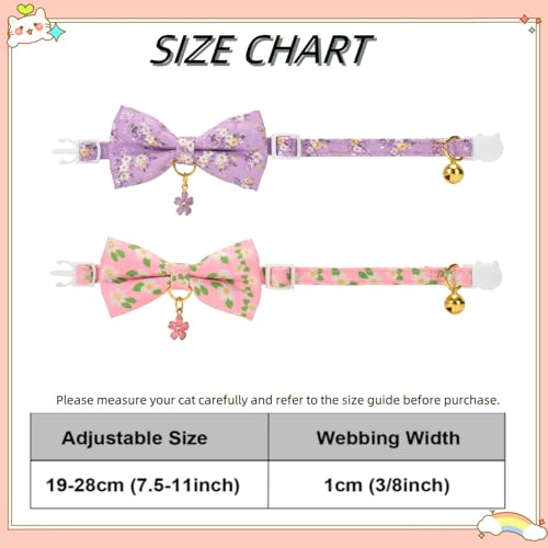 2 Pack Floral Cat Collars with Bow Tie and Bell Adjustable Breakaway Bowtie Cute Kitten Collar (S:Neck 7.0" - 11.0" / Floral Purple+Pink)