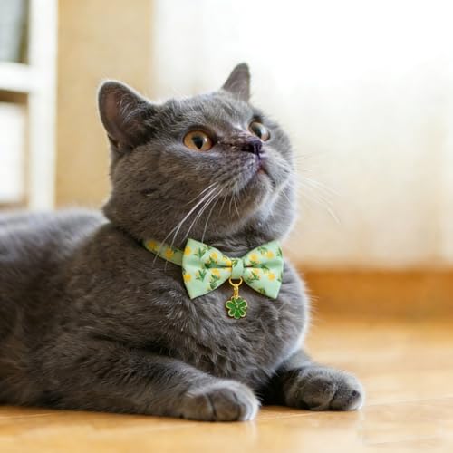 2 Pack Floral Cat Collars with Bow Tie and Bell Adjustable Breakaway Bowtie Cute Kitten Collar (S:Neck 7.0" - 11.0" / Floral Green+Pink)