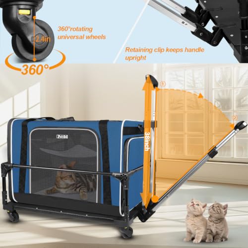 Side Expandable Extra Large Cat Carrier with Litter Box and Wheels (Prussian Blue with wheels)