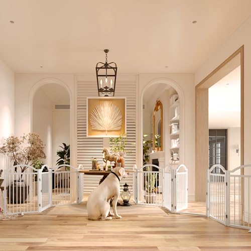 Metal No Assembly Freestanding Dog Gate with Door Walk Through (White C / 6 panels 144"W*32"H HYG)
