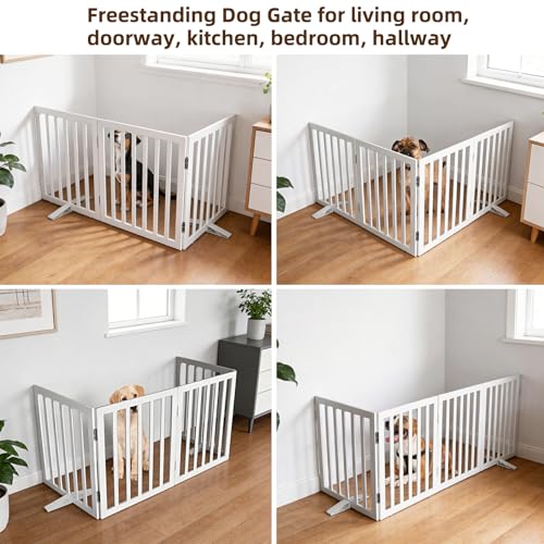 Freestanding Indoor Dog Gate for House Foldable Wood White Puppy Gate for Doorways Pet Gate for Stairs Extra Wide Pet Fence 32" Height 3 Panels (White / 【3 Panels】60''w x 32''h)