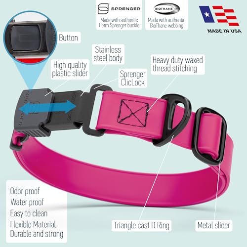 Biothane Waterproof Dog Collar with Herm Sprenger Black Stainless Steel Quick Release Buckle (W 1" x L 15"-25" / Magenta Pink)
