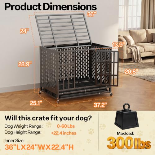 38 Inch Heavy Duty Indestructible Dog Crate (37.2"L x 25.1"W x 28.9"H / Black)