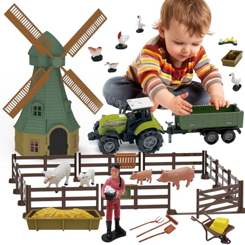 82PCS Farm Animals Toys Set Comes with Tractor Trailer (Windmill)