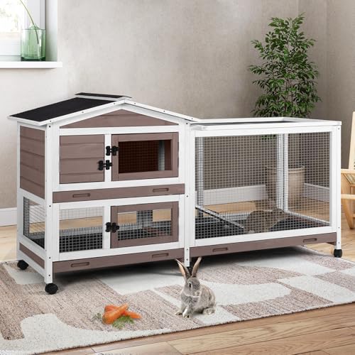 Rabbit Cage Indoor Rabbit Hutch with Matel Frame and Pull Out Tray (Light Brown)