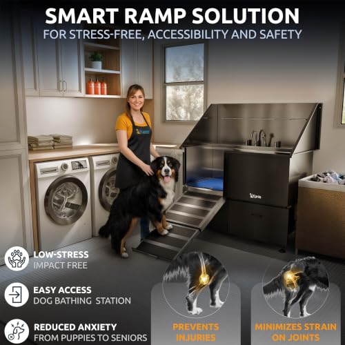 Professional Dog Washing Station 304 Stainless Steel Pet Wash Sink (Black, Left Ramp, 2 Drawer / 50 Inches)