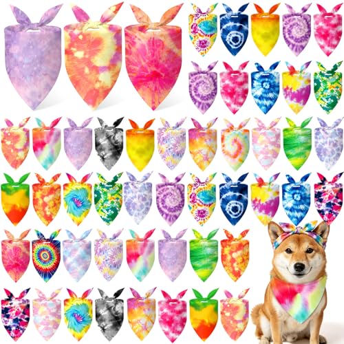 50 Pieces Tie Dye Dog Bandanas Bulk Colorful Hippie Pattern Dog Bandanas for Dogs Triangle Kerchief Scarf Bibs Set for Pets Summer Party Costume Accessories (Tie Dye / 25.6 x 17.7 x 17.7")