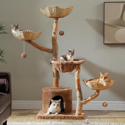 Modern Cat Tree with Real Wood&Wicker Basket for Large Cats Brown (Brown)