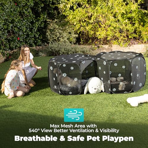 2-in-1 Pop Up Dog Playpen Cat Pet Puppy Playpen, Non-Detachable (Black Mesh / 55.2"L x 27.6"W x 17"H)