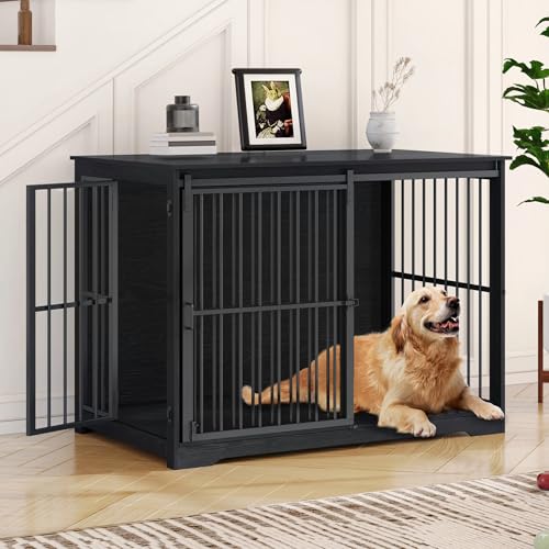 46.9" XXL Dog Crate Furniture Indoor Dog Kennel with Barn Door (46.9"L x 28.3"W x 34.6"H / Black)
