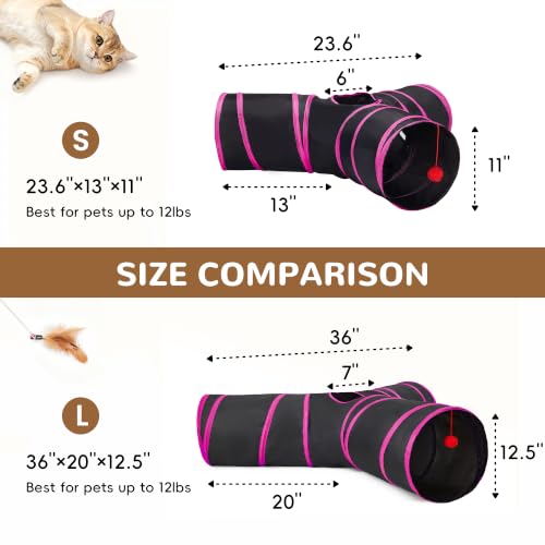 Cat Tunnel, 3-Way Collapsible Toy, Large Size Black & Rose Red (Black & Rose Red / Large)