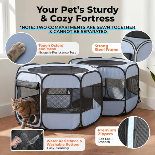 2-in-1 Pop Up Dog Playpen Cat Pet Puppy Playpen, Non-Detachable (Grey / 71"L x 34"W x 24.1"H)