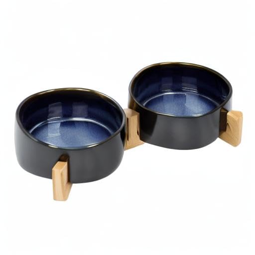 Ceramic Dog and Cat Bowl Set with Wooden Stand (1.7 cups / Starry Blue × 2)