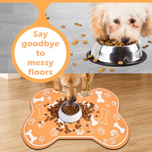 Dog Cat Mat for Food and Water (29"L x 17"W / Bone Shaped Orange)