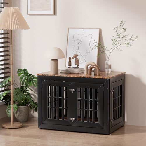 38" Heavy Duty Dog Crate Furniture for Large (37.4"L x 25.8"W x 27.4"H / Black+Brown)