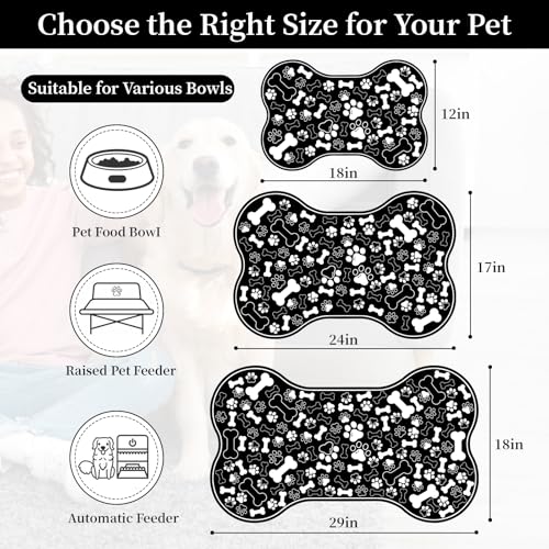 Dog & Cat Food Mat Bone Shaped Pet Feeding Mat Quick Absorb Water Bowl Placemat with Rubber Backing Indoor Floor Stain Resistant Pet Accessory Supplies (Black / 12"L x 18"W)