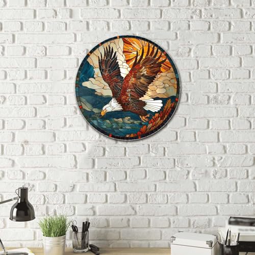 Metal Sign Tin Sign Circular Stained Glass American Bald Eagle Bathroom Signs for Home for Garden 12×12 Inches (12×12 Inches / American Bald Eagle-3)