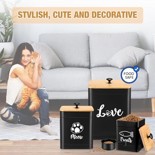 Metal Airtight Cat Food Containers Set of 3 with Bamboo Lids and Spoon 7+3+2 Lbs Cat Treat Storage Container Countertop with DIY Labels Pet Cookie Organizer Jars for Kitchen Counter (Black)