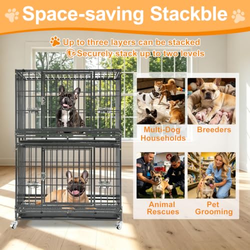 37" Two Tier Heavy Duty Stackable Dog Crate with Wheels (37.0"L - 2 Tiers - 1P)