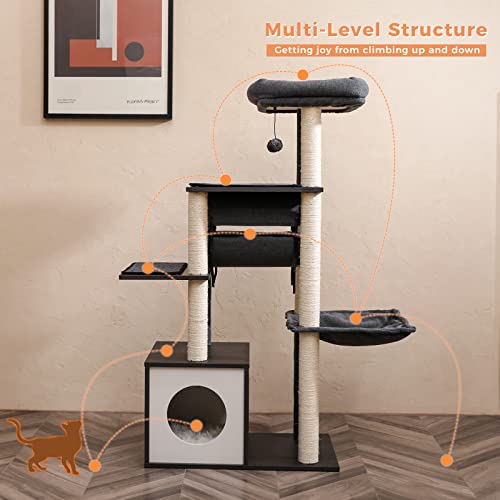 51.4in 6 Level Cat Tree for Indoor Cats with Swing Tunnel (Grey / L(25.6"L x 15.7"W x 51.4"H))