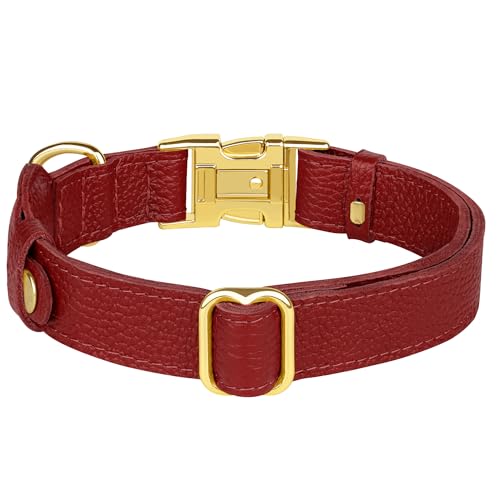 Leather Airtag Dog Collar (Red / M, 14"-18" Neck Fit)