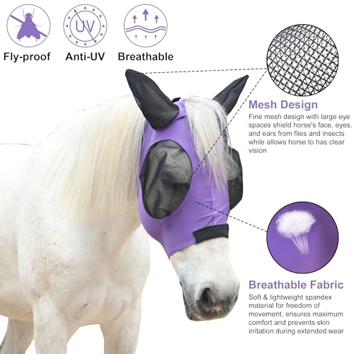 Elastic Fly Mask for Horse with Ear (Violet / Cob (Medium))