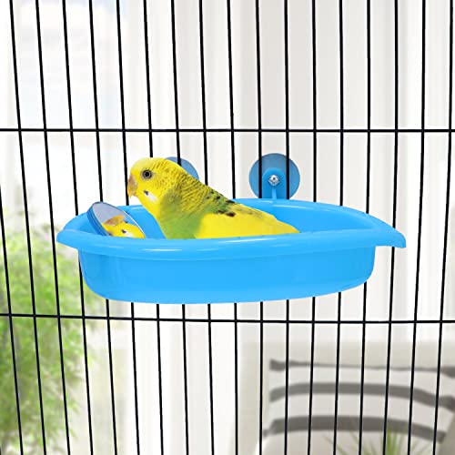 Bird Bath with Mirror for Small Birds Budgie Parakeet Cage (Blue (A))