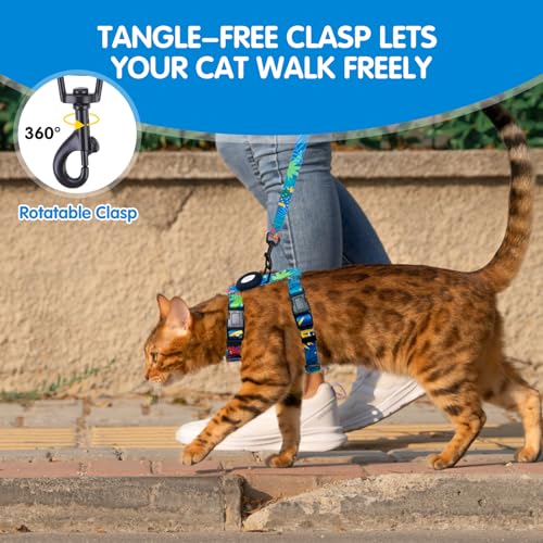 Cat Harness with Airtag Holder (Green Leaves (Buckles on Neck & Chest))