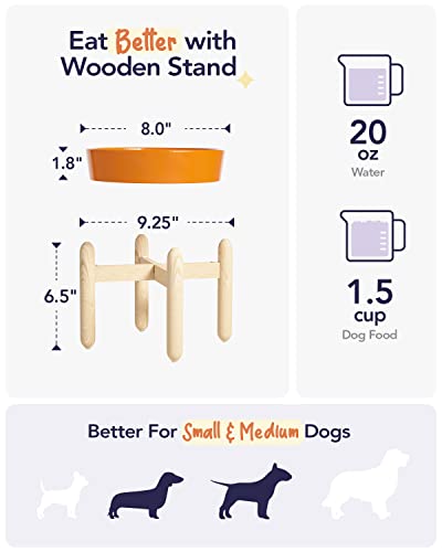 Ceramic Slow Feeder Puzzle Bowl Elevated 1.5 Cup with Wooden Stand for Small & Medium Dog (Sun Orange+Stand / M-1.5 Cups)