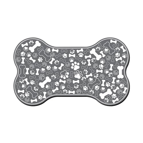 Dog & Cat Food Mat Bone Shaped Pet Feeding Mat Quick Absorb Water Bowl Placemat with Rubber Backing Indoor Floor Stain Resistant Pet Accessory Supplies (Dark Gray / 17"L x 17"W)