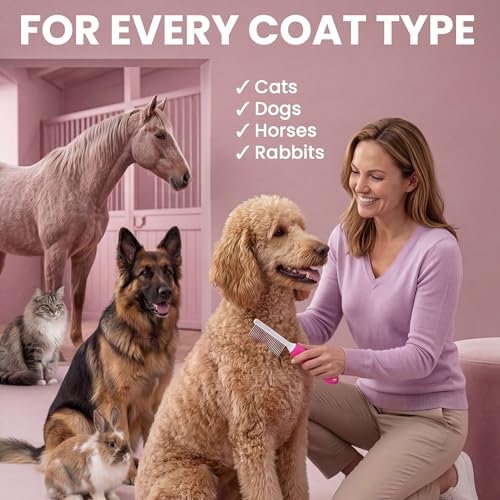 Poodle Pet Detangling Pet Comb with Long & Short Stainless Steel Teeth for Removing Matted Fur (Pink / Detangling Pet Comb)