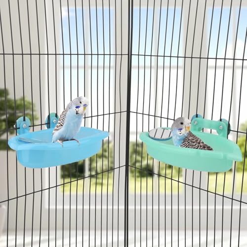 Bird Bath with Mirror for Small Birds Budgie Parakeet Cage (Blue(A)+Green)