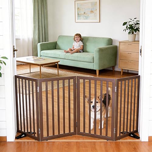 Freestanding Indoor Dog Gate for House Foldable Wood Puppy Gate for Doorways Pet Gate for Stairs Extra Wide Pet Fence (Brown / 【4 Panels】80''w x 32''h)