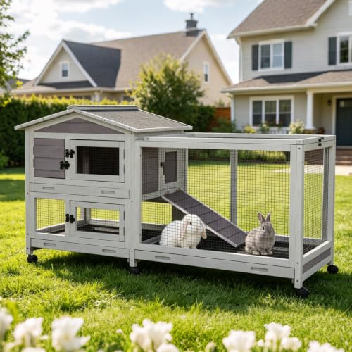 2 Story Wooden Rabbit Hutch Indoor Outdoor (Gray / 62.0"L x 22.6"W x 33.5"H)