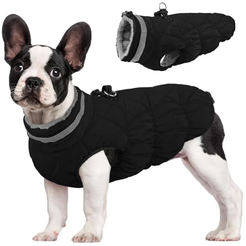 Dog Winter Coat Fleece Warm Small Dog Coat with Harness Built in (Solid Black / S(chest:17in))